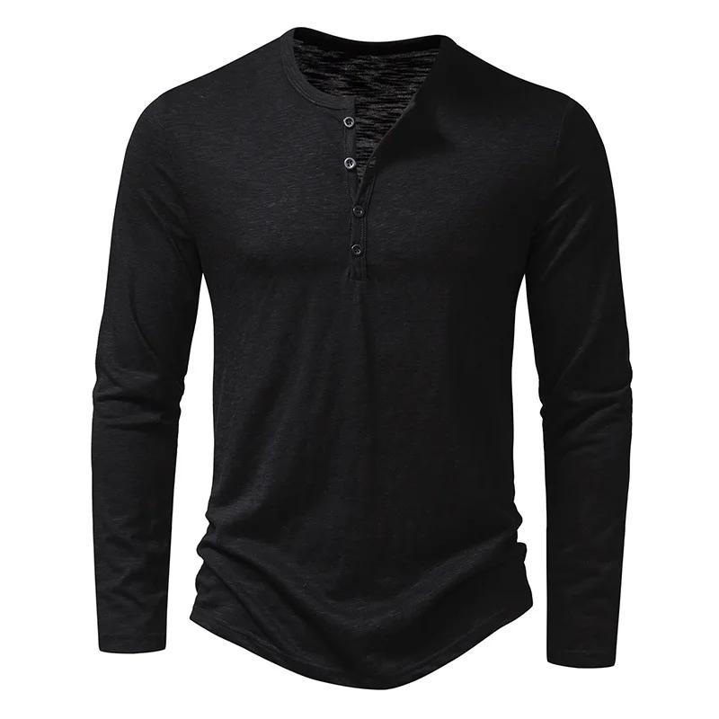 Autumn New Men'S Cotton Button Long Sleeve  Henley Neck T-Shirt Casual Solid Color Breathable Versatile Fashion Slim T-Shirts
