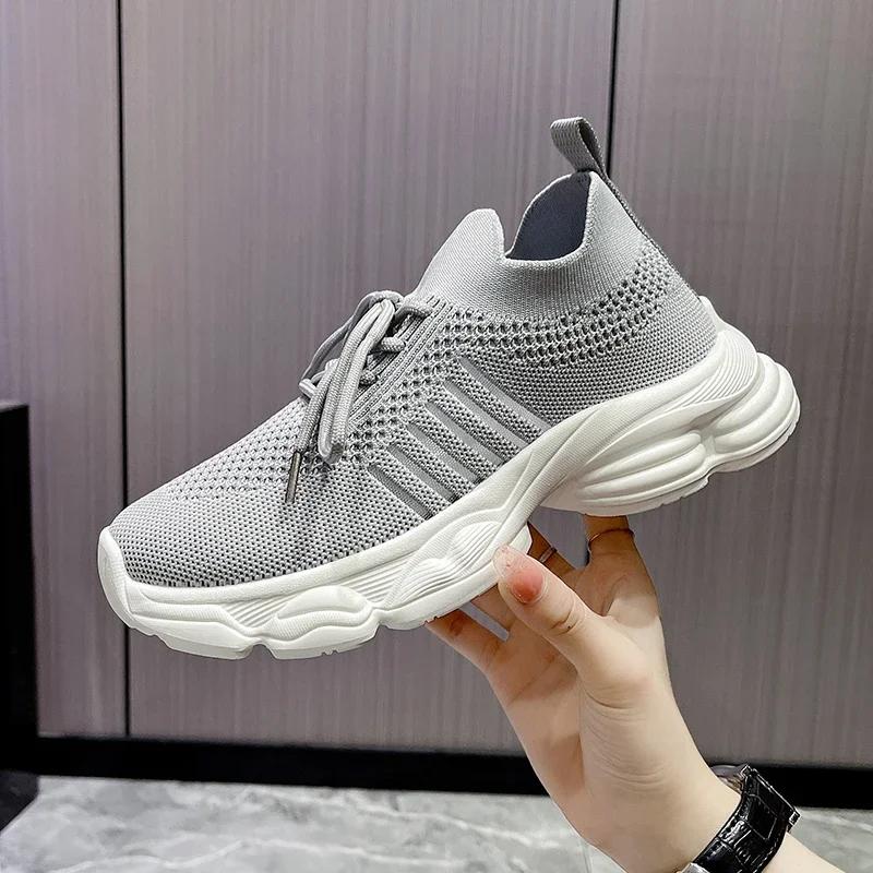 Breathable mesh flying Weaver girl style sports shoes,  new summer versatile casual lace-up thick-soled anti-slip dad shoes