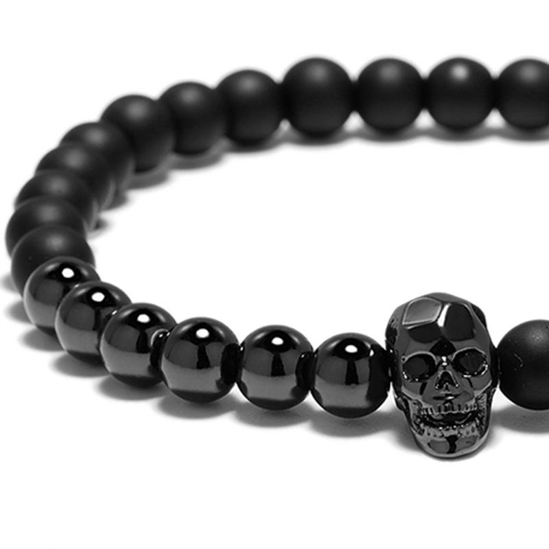 New Fashion Mens Bracelet Natural Stone Gothic Skull Braslet 6mm Onyx Strand Braclet Gifts For Him Zirconia Brazalete Pulseria