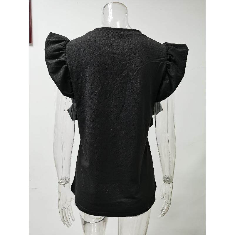 New 2026 Women's Round Neck Double Layer Ruffle Top Short Sleeve Casual T-Shirt