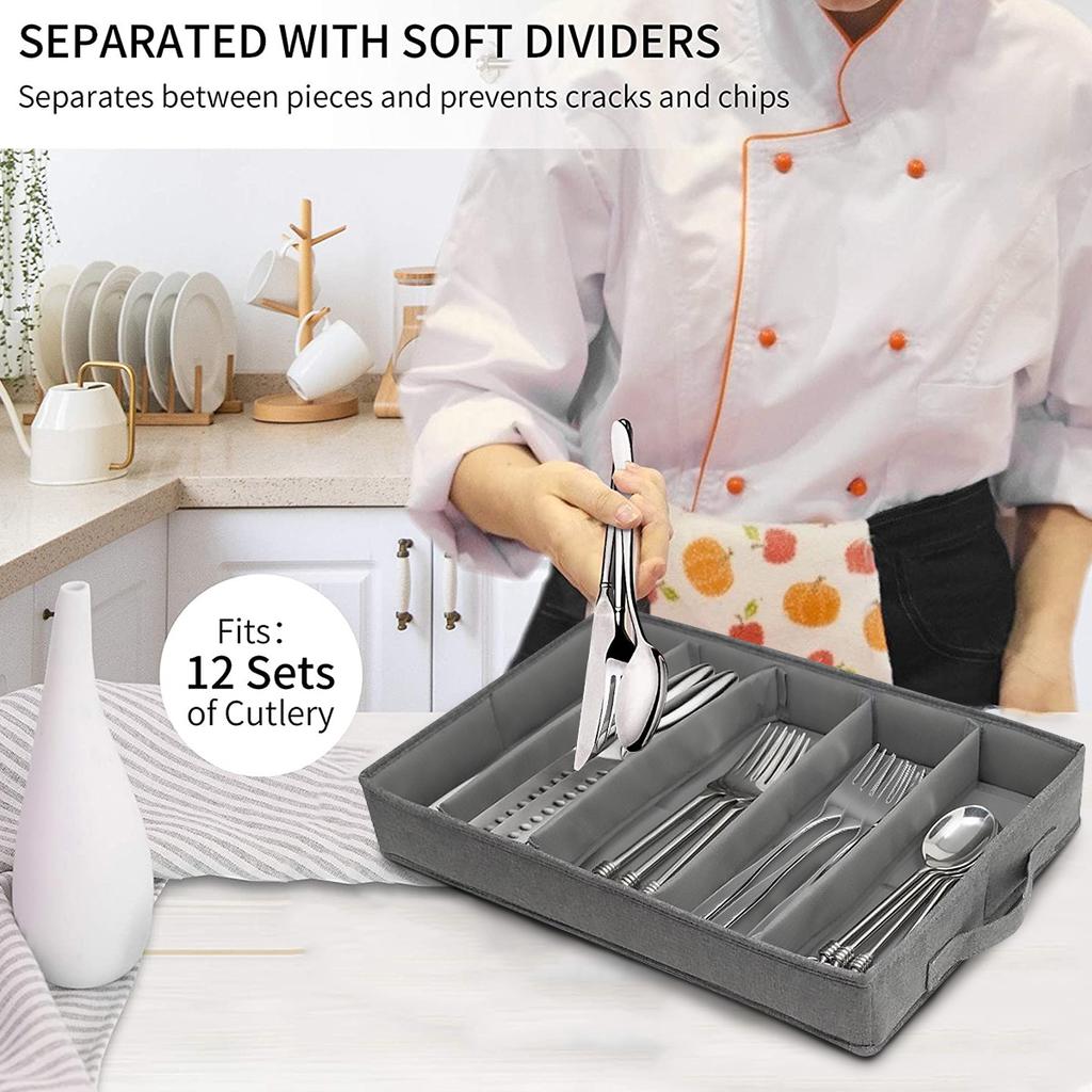 Flatware Storage Case with PVC Lid 5 Compartment Foldable Utensil Storage Box Silverware Storage Box Chest Portable Cutlery Box