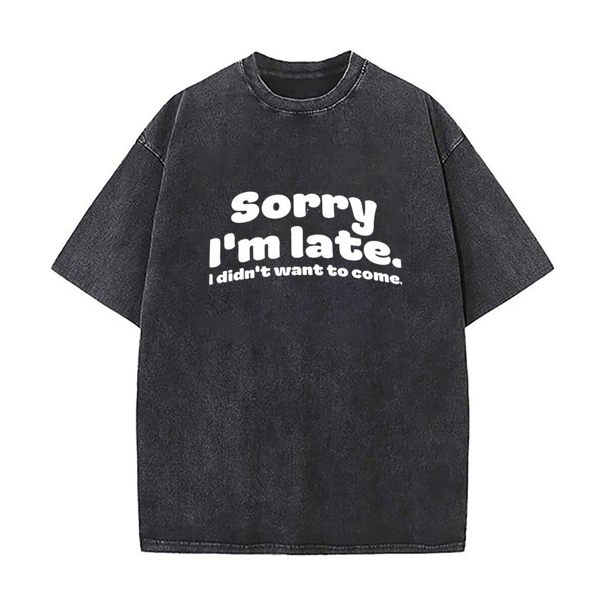 Sorry Im late I didnt want to come Heavy Men Washed Casual Cotton Short Sleeve Acid Wash Top S