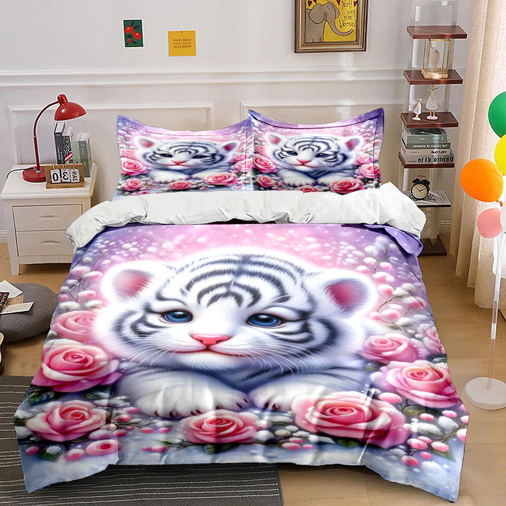 White tiger with roses. Bedding sets Duvet cover sets Duvet covers Pillowcases(1 * Duvet Cover 2 * Pillowcases without duvet insert)