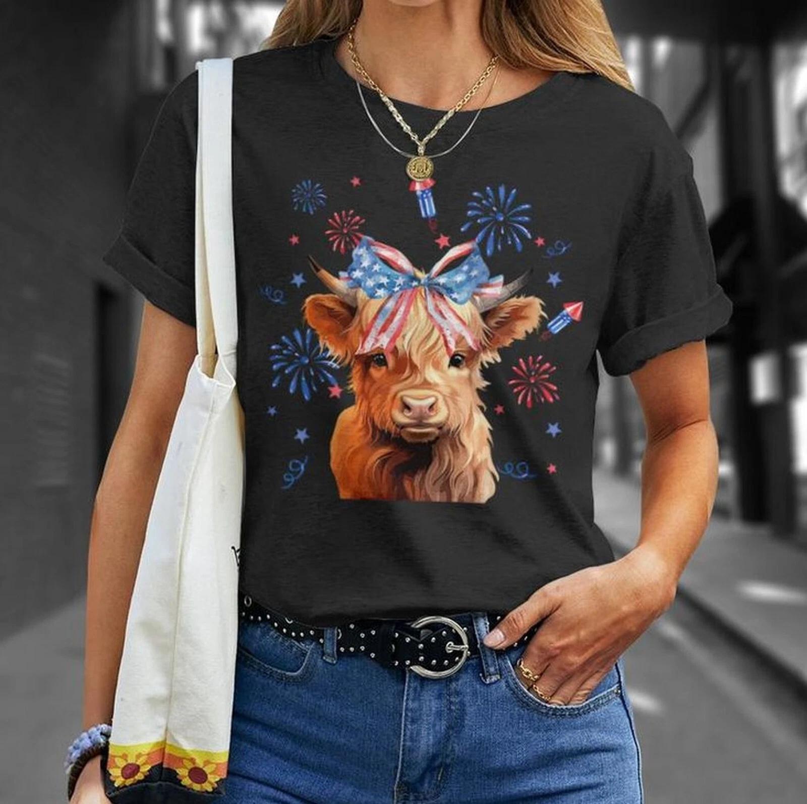 Coquette Highland Cow 4Th Of July Patriotic T-Shirt, Cute Heifer Shirt Labor Day M