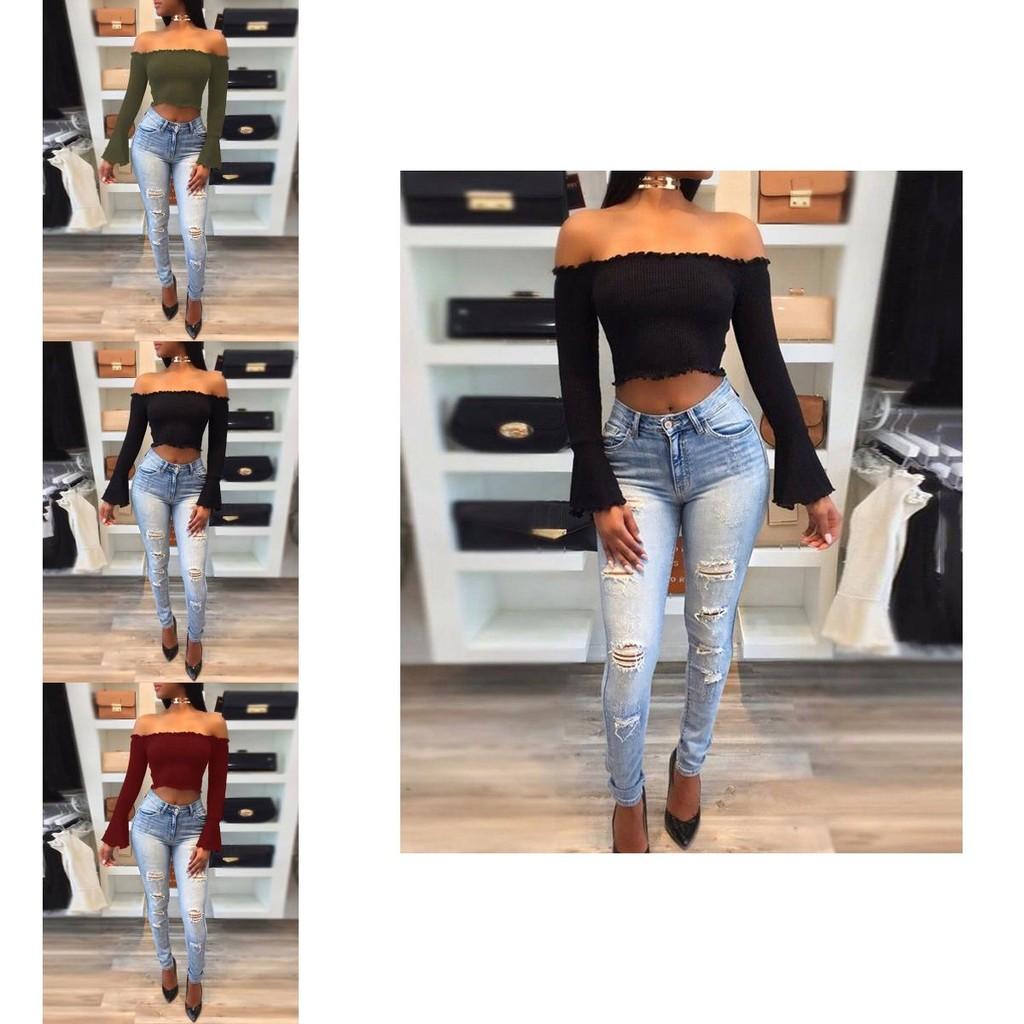 Women Summer Casual Off Shoulder Tank Top Stylish Long Sleeve Crop Top Shirt
