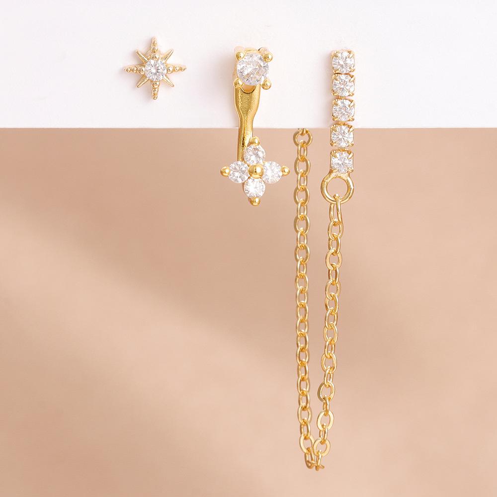 Shining Star Ear Studs Elegant Eight Awn Tassel Chain Stud Earrings for Women Simple and Small Cross-Border