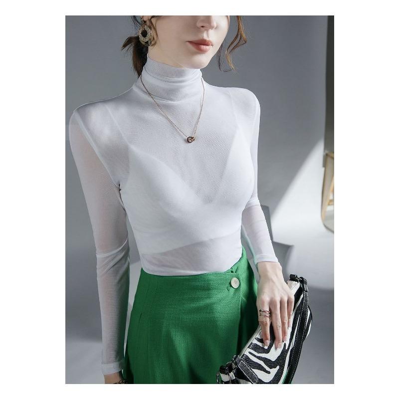 Autumn Winter New Top High Neck Lace Mesh Bottoming Shirt Women's Solid Color Long Sleeve Tshirt M-4XL
