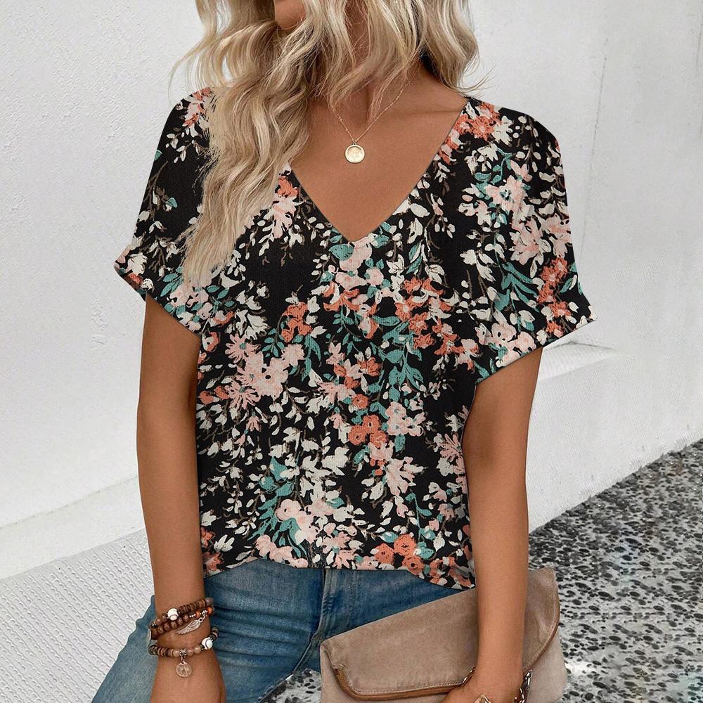 Elegant Women's V-neck T-shirt Fashion Floral Pattern Printing T-shirt Popular Women's Short-sleeved Summer Casual T-shirt