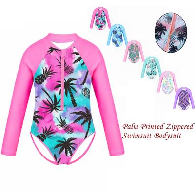 Kids Girls Swimsuit Long Sleeve Palm Printed Zippered Swimwear Bathing Suit Rash Guard Bodysuit Beach Wear
