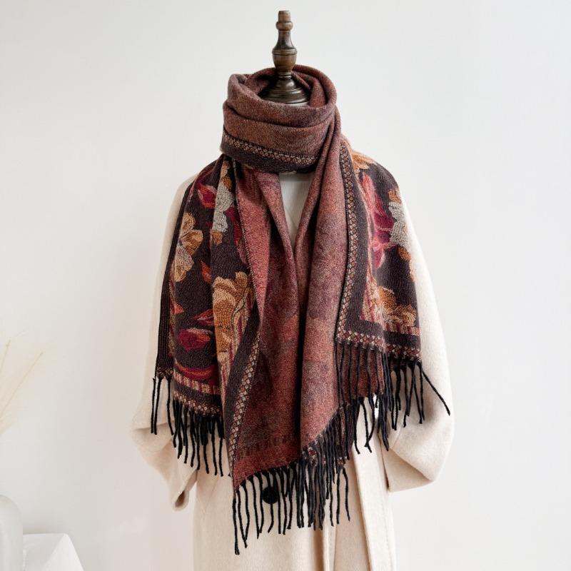 Autumn and Winter Retro Fringed Scarf with Air Conditioner Cashmere Shawl Large Size Warm Scarf