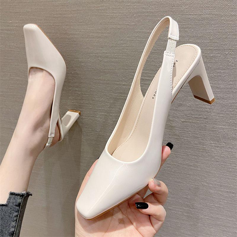 K88-A Korean Style Women's Patent Leather Slingback Peep Toe Sandals with Square Chunky High Heels