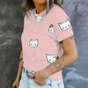 Simple Cartoon Cat Print Short Sleeved Round Neck T-shirt for Women's Summer Casual Versatile Daily Commuting Top