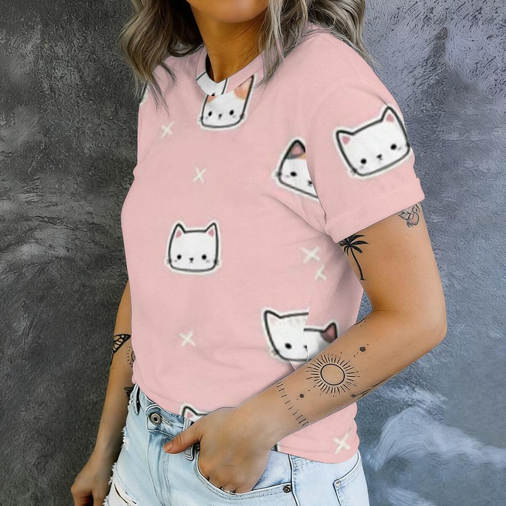 Simple Cartoon Cat Print Short Sleeved Round Neck T-shirt for Women's Summer Casual Versatile Daily Commuting Top