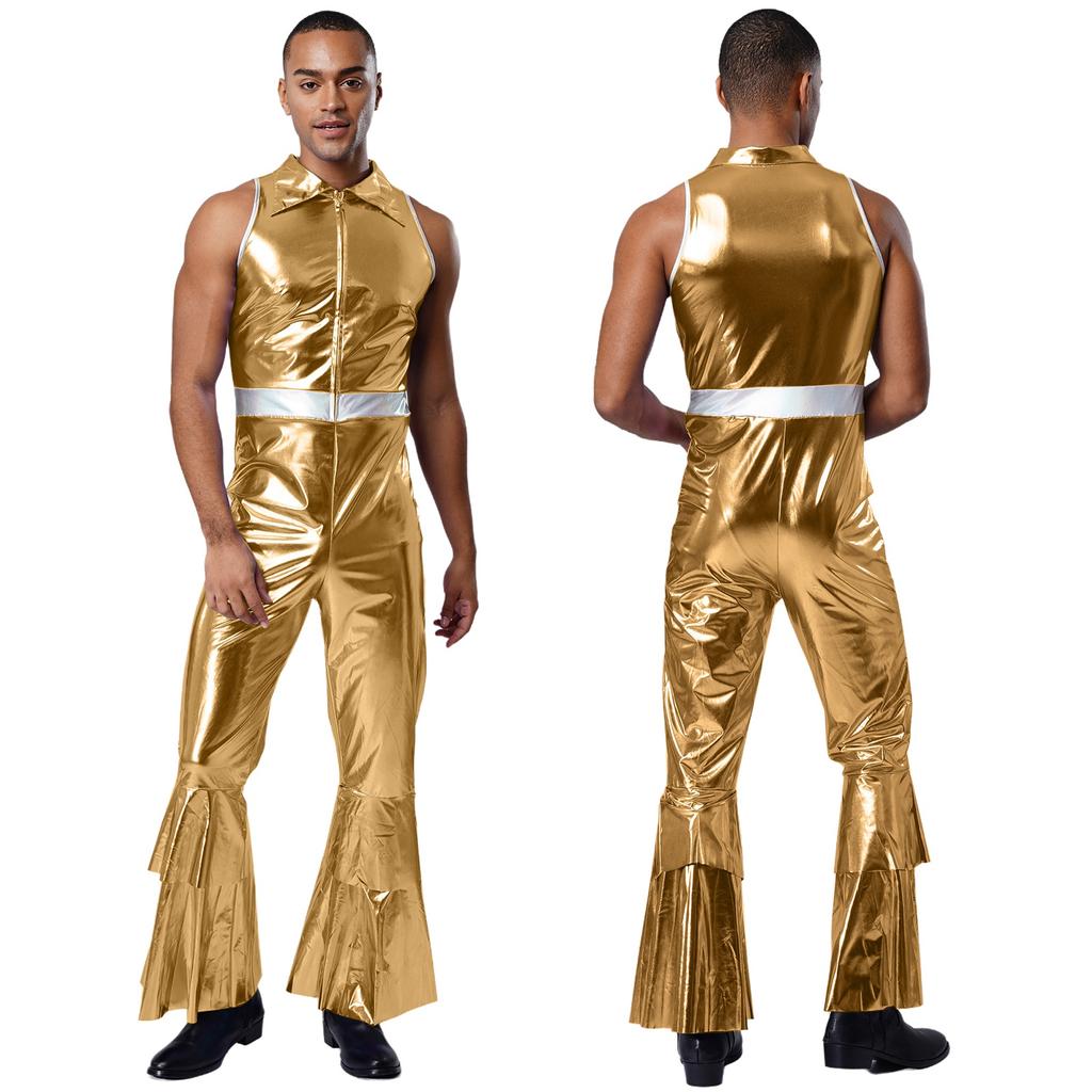 Mens 70s Jumpsuit Shiny Metallic Lapel Collar Sleeveless High Waist Flared Pants Disco Dance Singer Outfit