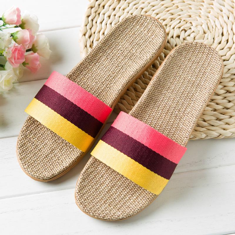 Linen Slippers Home Slippers Indoor Slippers Wooden Floor Silent Non-slip Thick Bottom Summer Cool Slippers Men and Women