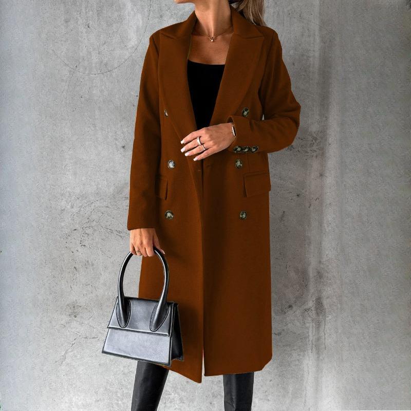 QICED Women's Coat Versatile Tweed Coat Solid Colour Long Sleeve Double Breasted Plug Pockets