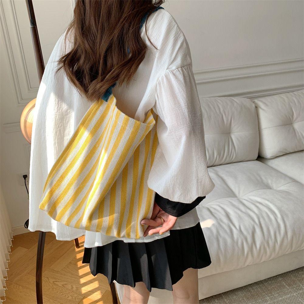 Large Capacity Stripe Canvas Bag Pleated Shoulder Strap Cloth Shoulder Bag Cute Tote Bag Women