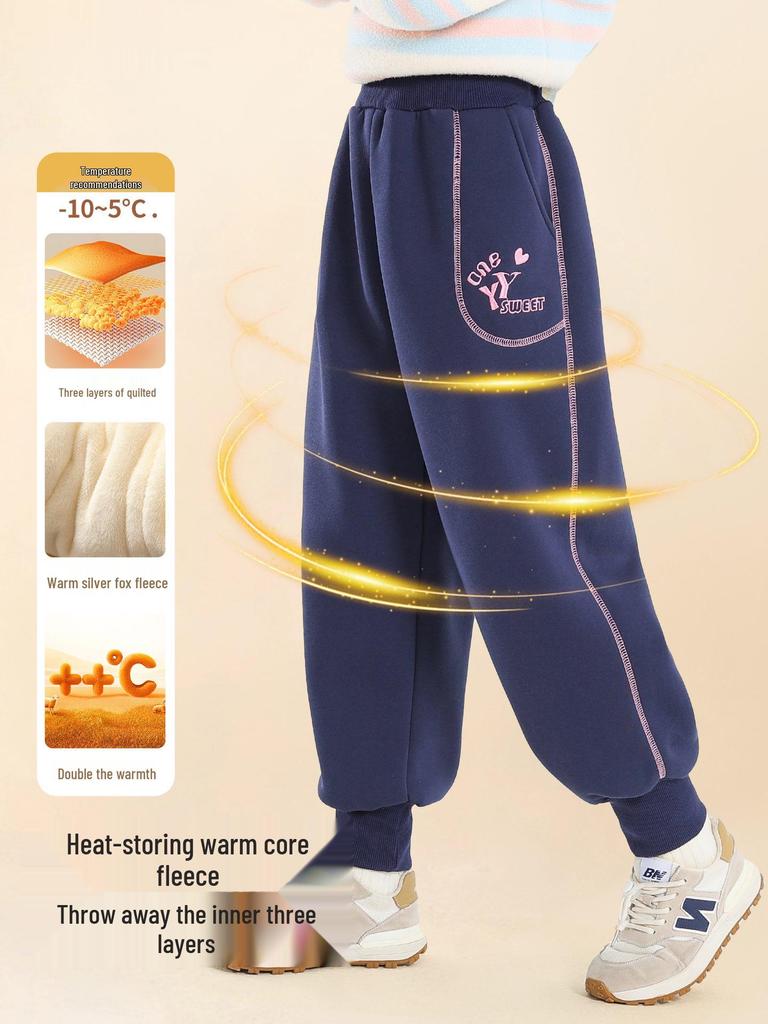 Girls' Winter Fleece-Lined Quilted Cotton Sports Pants - Thickened Three-Layer Design for Big Kids