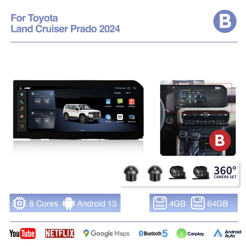 12.3inch Car Multimedia Video Player For Toyota Land Cruiser Prado 2025 GPS Navigation Android13 radio Carplay 4G Wifi 360Camera