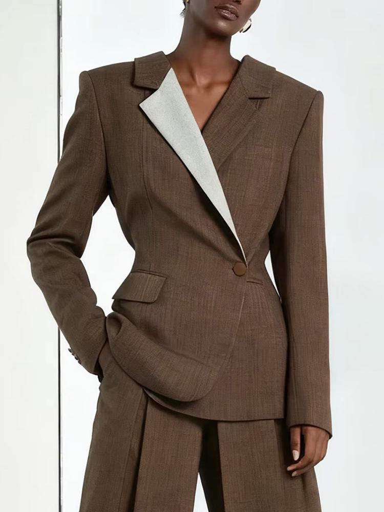 Women's Spring 2026 Slim Fit Brown Color-Block Suit Jacket - Professional & Stylish