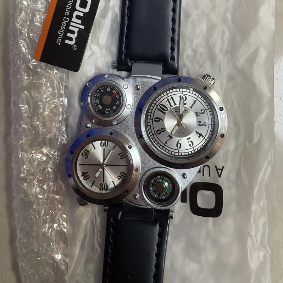 Oulm Dual Time Zone Men'S Belt Watch, Large Dial Compass Quartz Watch