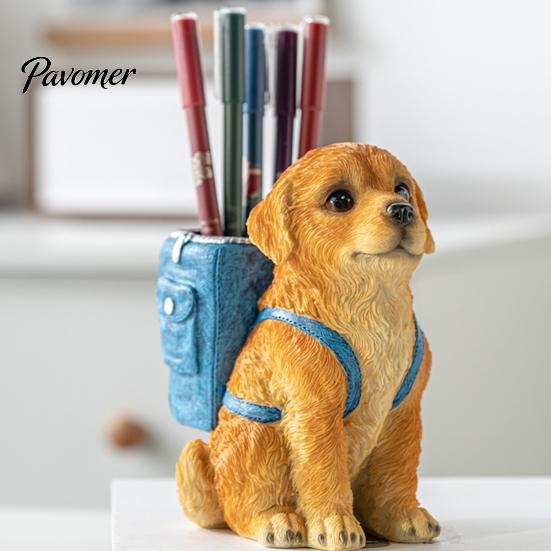 Hand Painted Dog Stationery Holder Golden Puppy Backpack Pen Holder, Cute Animal Storage Ornament, Resin Desktop Organizer, for Office And Study Craft