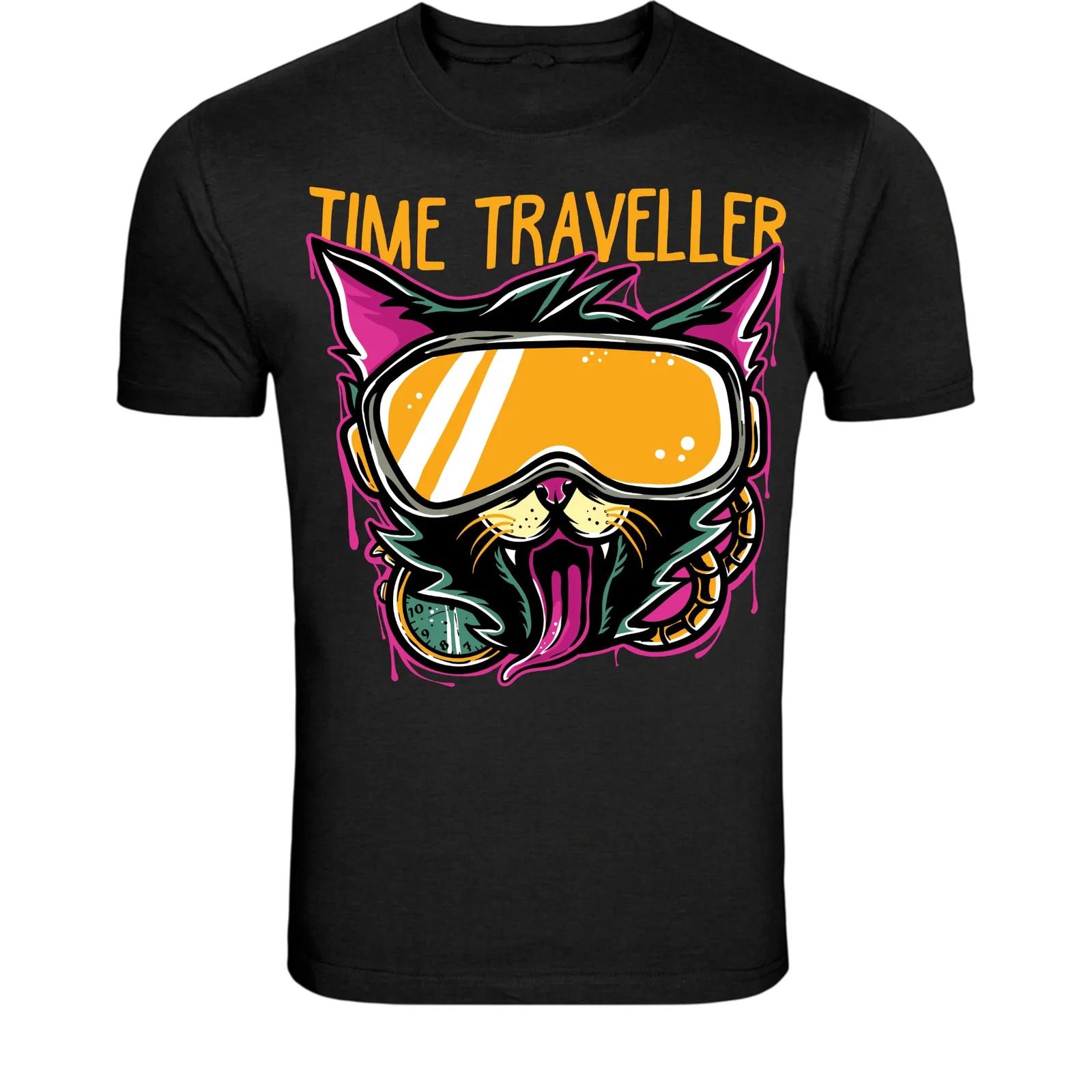 Time Traveller Cyberpunk Cat T-Shirt - Futuristic Neon Cat S