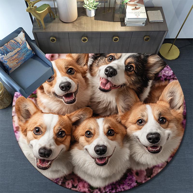 Corgi Dogs Round Area Rug,Carpet Rug for Living Room Bedroom Sofa Playroom Decor,Non-slip Floor Mat