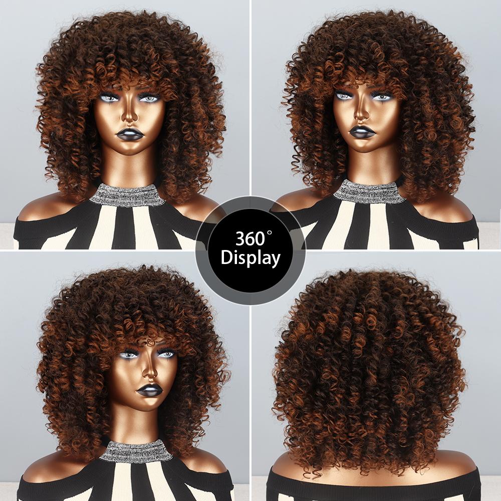 LISI HAIR Afro Women Short Brown Wig Synthetic Fiber Curly Hair Wigs for Women Fluffy Ombre Hairstyle Party Regular Curly Wig