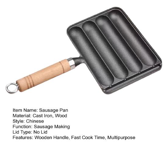 Sartén para salchichas de hierro fundido con mango de madera antiadherente, olla para salchichas a la parrilla presazonada, cocina, uso al aire libre