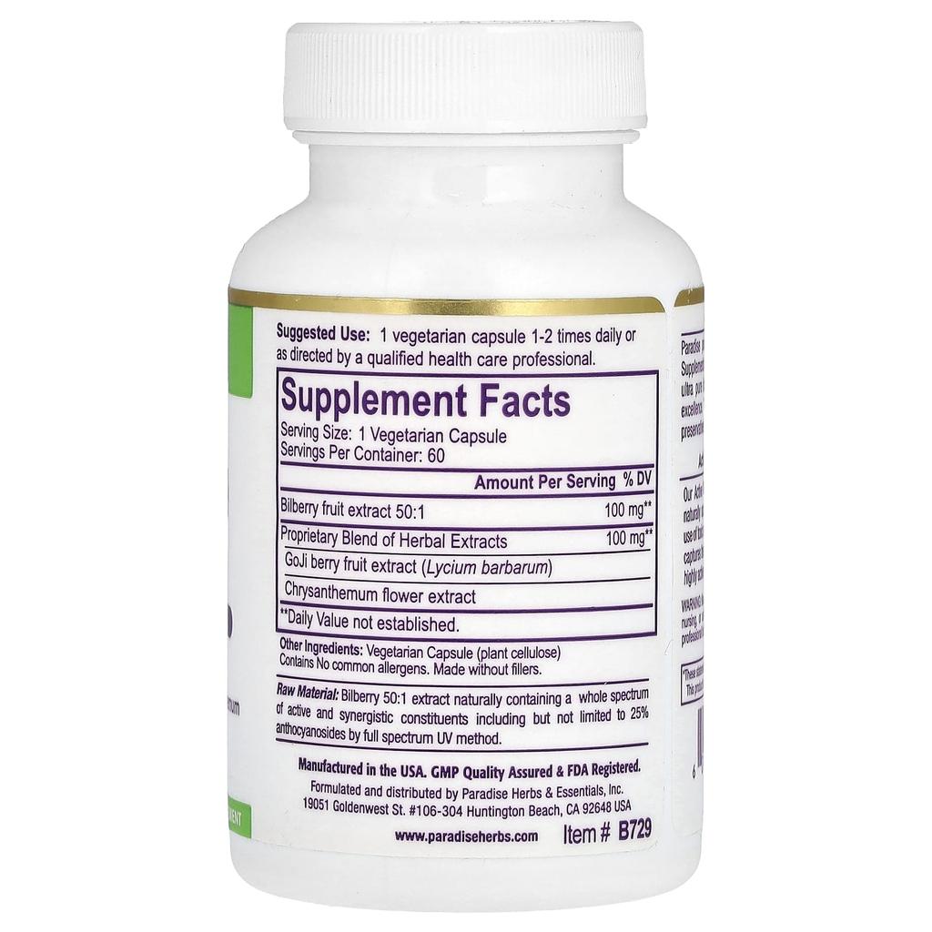 Paradise Herbs, Bilberry + Extract, Chrysanthemum and Goji Berry, 60 Veggie Capsules