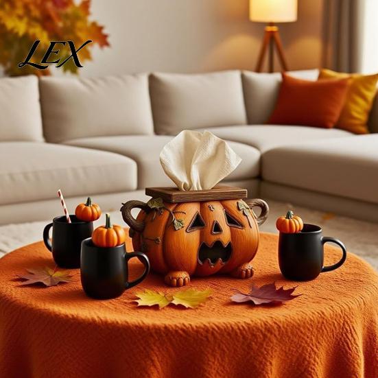 Novelty Home Accessory Halloween Pumpkin Tissue Box Holder, Resin Decorative Facial Funny Face Party Supplies Cover for Office Kitchen Living