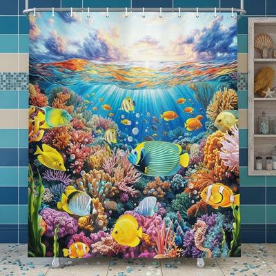 Vibrant Coral Reef and Tropical Fish Pattern Waterproof Polyester Shower Curtain Underwater Ocean Life Print Bath  with Hooks