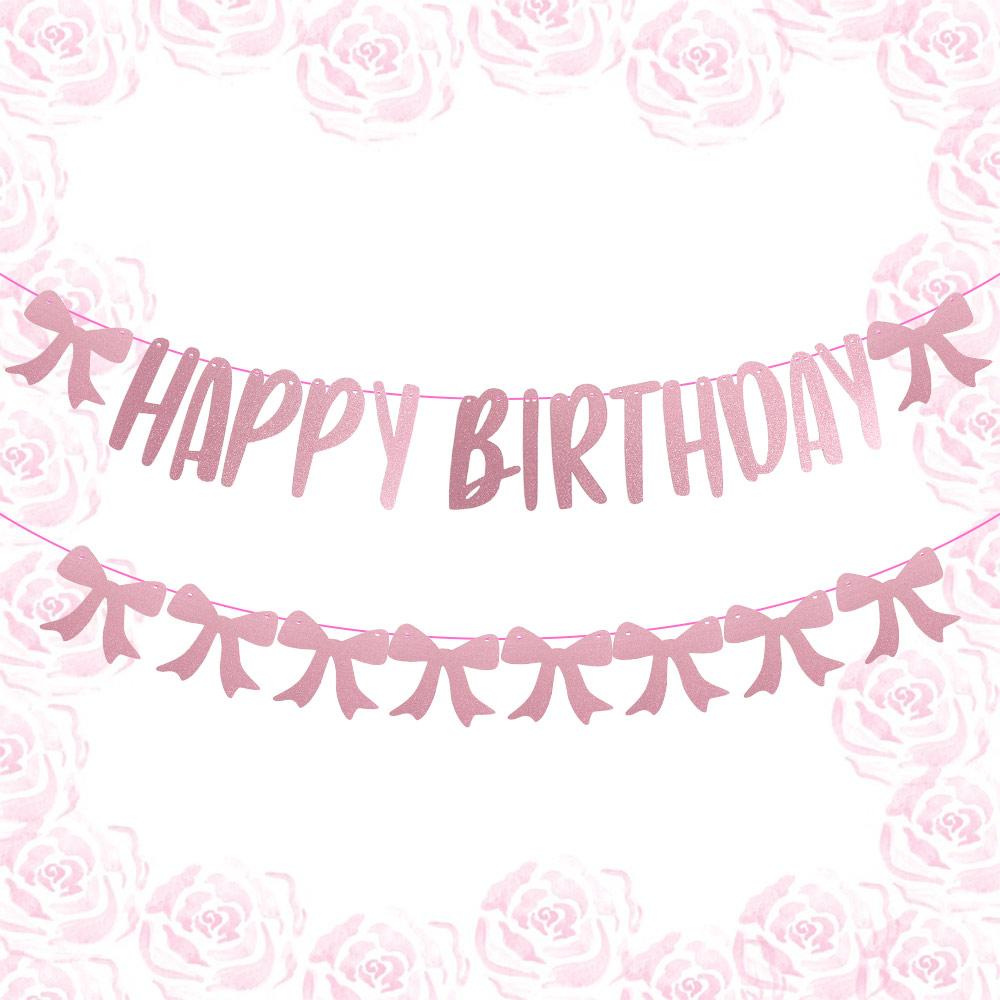 

Cute Happy Birthday Banner Pink Bow Pink Glittler Backdrops Engagement