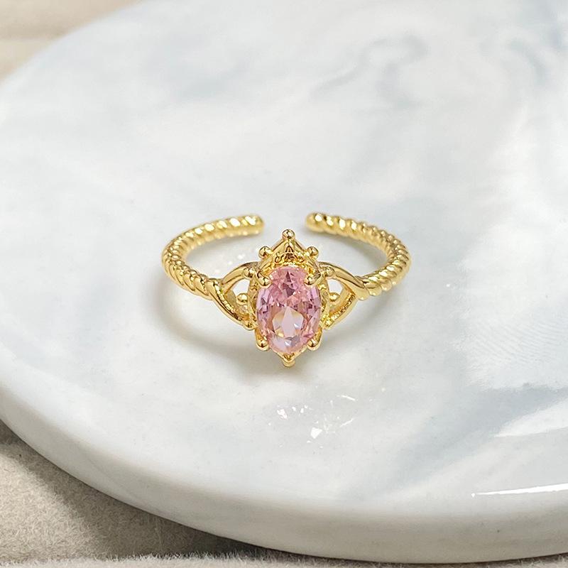 Medieval Vintage Four-Leaf Clover Pink Zircon Colored Treasure Open Ring Niche Exquisite High-End Stacked Ring Adjustable opening