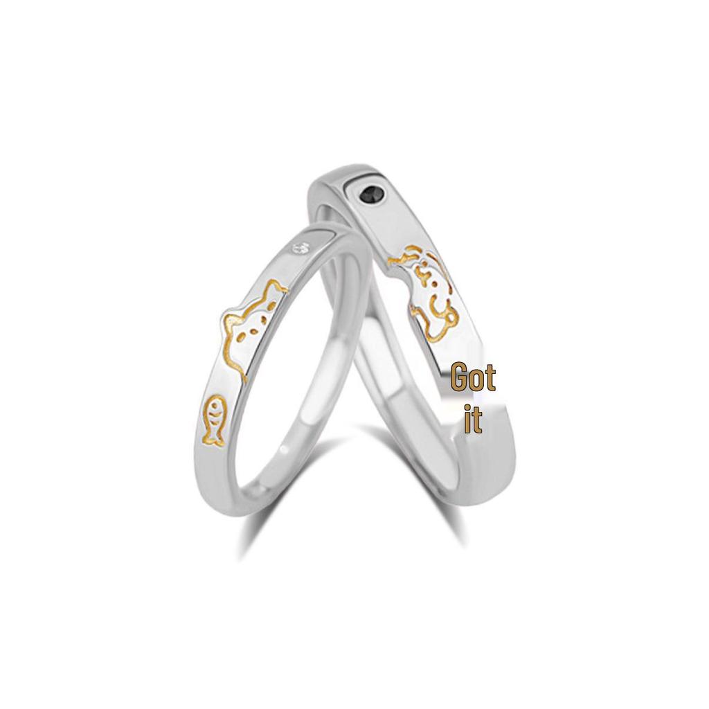 Sterling Silver S999 Sweet Meow Cat Series Couple Rings - Fresh, Playful Cartoon Gift for Girlfriend.