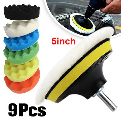 9 Pcs 5 Inch Car Buffing Pads Sponge Foam Kit Wool Car Polisher Pads Kit Reusable Buffer Drill Wheel Polisher for Sanding Waxing