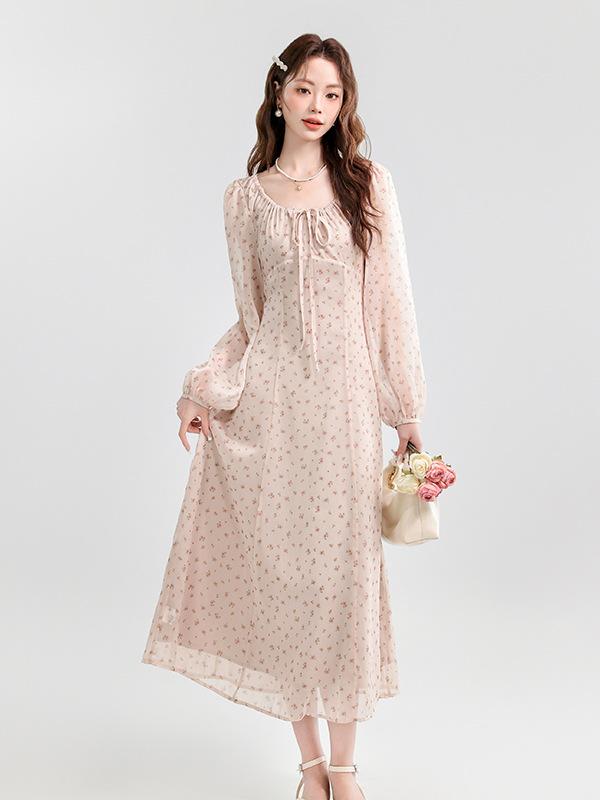 Spring/Summer French Pink Floral Chiffon Tie-Up Slimming Long Dress