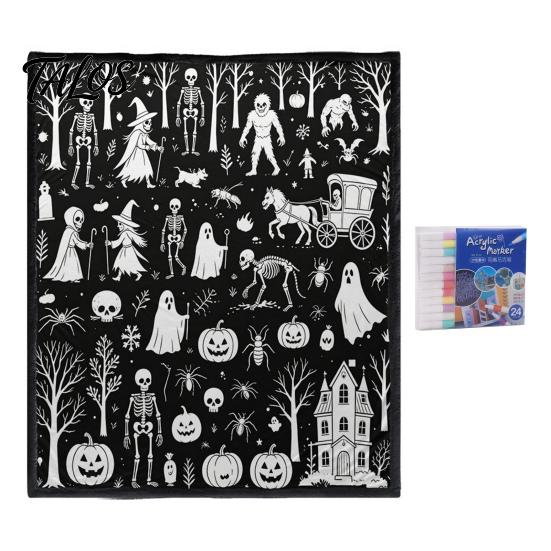 Interactive Coloring Art Gift Halloween DIY Blanket with 24 Markers, Washable Throw Blanket, Color Fabric Kit Your Own Spooky Pattern Mat for