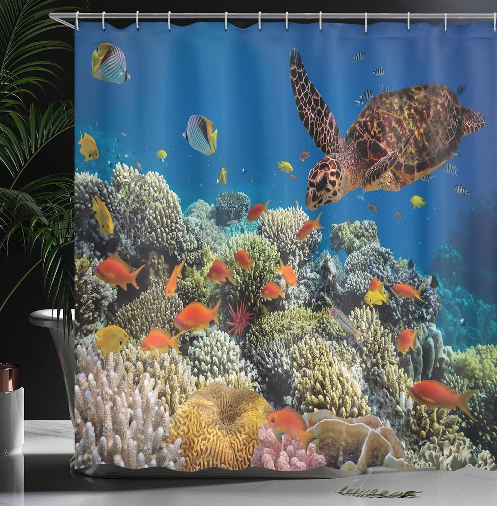 Ocean Turtle Shower Curtain with Hooks – Hawksbill Sea Turtle, Colorful Fish & Coral Reefs, Orange Brown Underwater Decor
