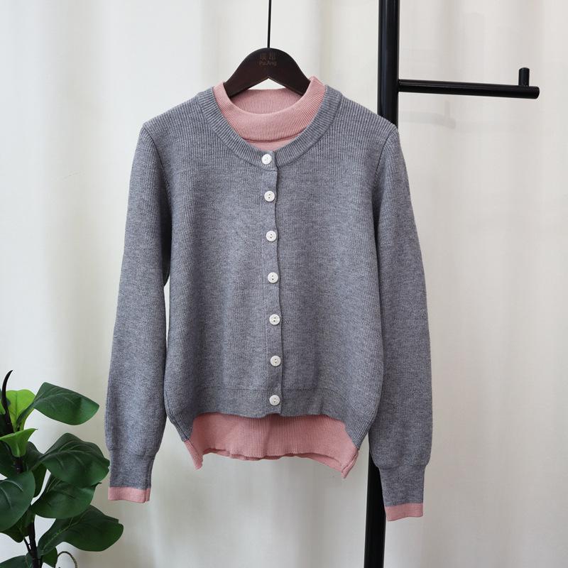 Crew Neck Fake Two-piece Knitted Cardigan Women's Autumn and Winter New Loose Contrasting Color Design Temperament Sweater Jacket
