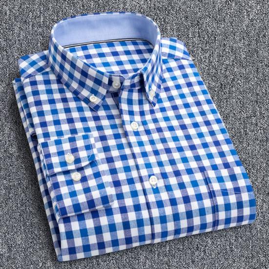 Casual Men Shirt Button Closure Single Breasted Pocket Design Long Sleeves Sweat Absorbent Cotton Blend Plaid Print Men Spring Shirt Men Garment