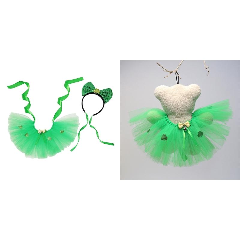 StPatricks Festival Cat Costume Dog Tulle Skirt Sequins Bowknot Headband Pet Irish Theme Dress Up Clothing Photo Outfit