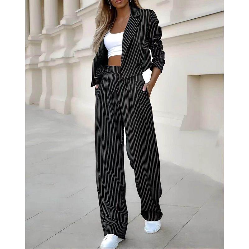 

2024 European and American Foreign Trade Women s Fashion Casual Striped Short Lapel Blazer and Straight-Leg Pants Set Black Stripes M