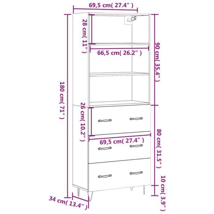 VidaXL Buffet haut Noir 69,5x34x180 cm Bois d'ingénierie 3189374