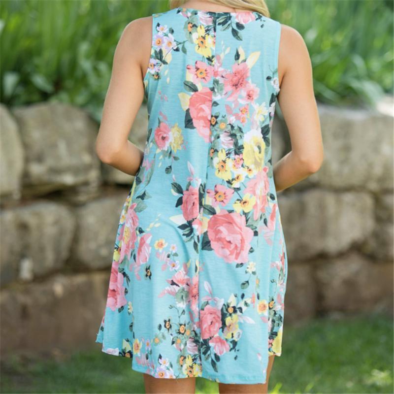Sexy Summer Dress Loose Womans Fashion Casual Floral Print Sleeveless Dress In Bright Blue
