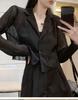 Schwarz Transparent Shirts Frauen Mesh Blusen Koreanische Mode Sommer Streetwear Langarm Plissee Strickjacke Chic