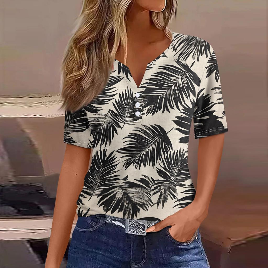 Women's T Shirt Tee Print Button Short Sleeve Daily Weekend Fashion Basic V- Neck Regular Top