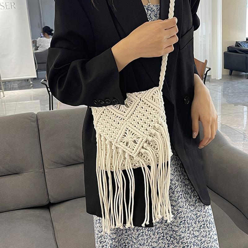 

Сумка-мессенджер из ротанга, модная, большой емкости, плетеная сумка из богемной травы, ручная работа, сумка через плечо для отпуска для женщин 20x18cm бежевый