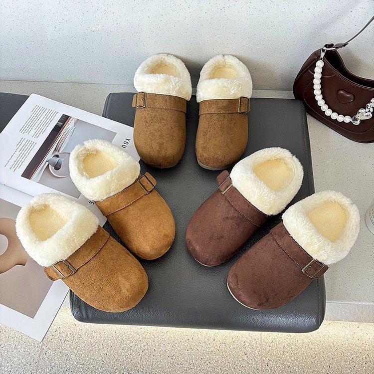 Fleece bag head fluffy Birkenstocks, thickened warm snow half-drag cotton shoes